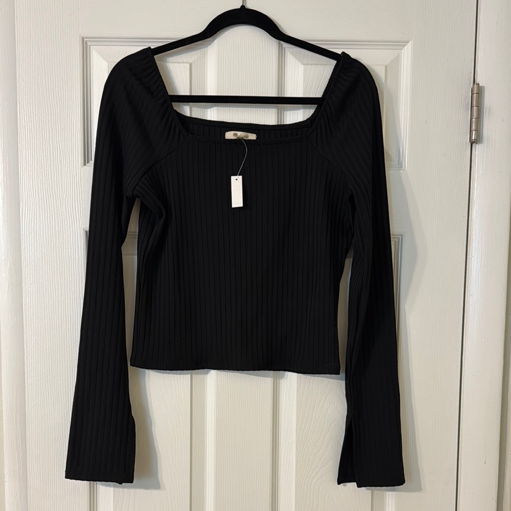 New Madewell Black Ribbed Long Sleeve Top, Large